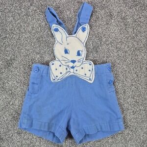 Vintage 70s Bunny Applique Bib Shortalls Toddler Blue Easter Outfit